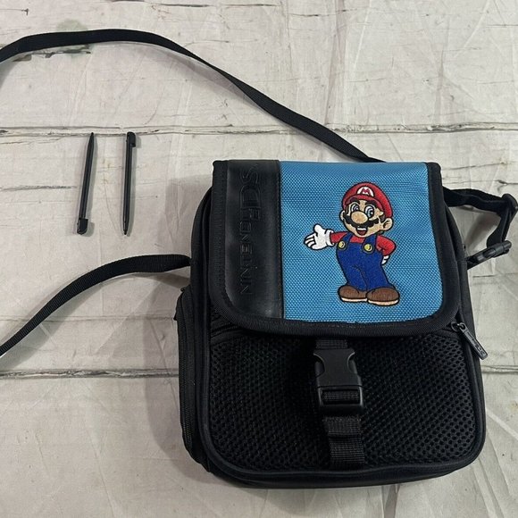Nintendo DS Carrying Case Bag Blue Black Embroidered Mario w/ 2 Extra Stylus